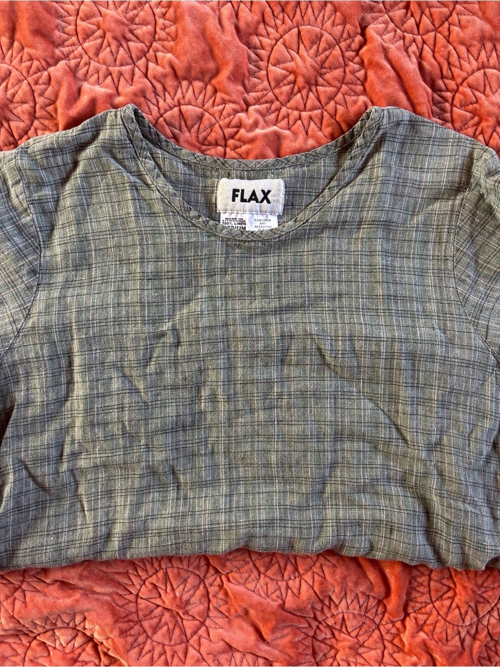 FLAX Olive and Teal Plaid Linen Top